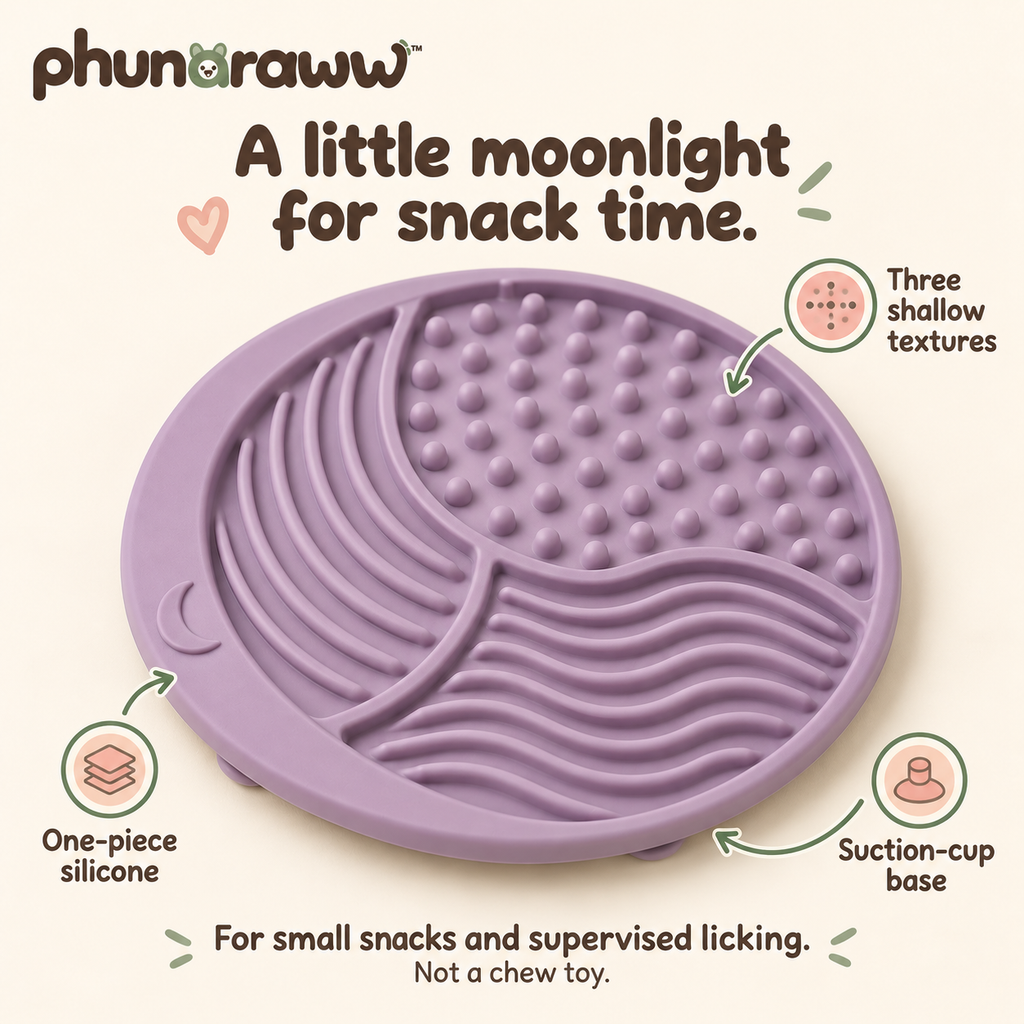 phunaraww™ Moonrise Silicone Lick Mat for Dogs & Cats — Three Textured Zones, Suction Base, 8-Inch Snack Mat