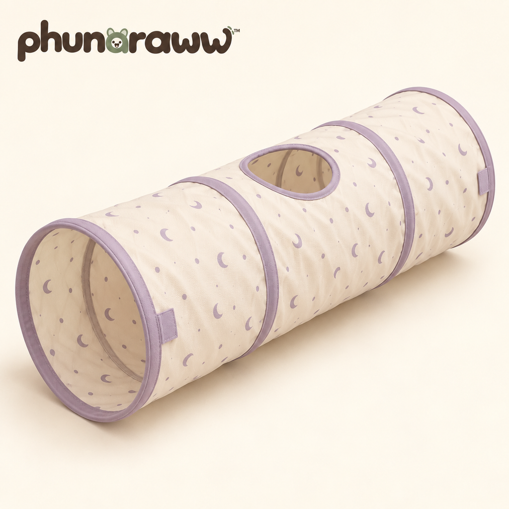 phunaraww™ Moonbeam Collapsible Cat Tunnel — 30-Inch Indoor Play Tube, 11-Inch Openings, Peekaboo Window, Cream & Lilac