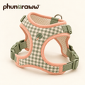 phunaraww™ Clover Loop Adjustable Dog Harness — Padded Y-Front Walking Vest, Back Leash Clip, Sage Grid, Small