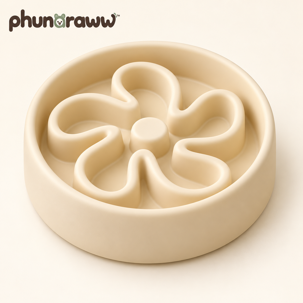 phunaraww™ Petal Path Silicone Slow Feeder Dog Bowl — 2-Cup Capacity, Rounded Maze Ridges, 8.5-Inch, Buttercream