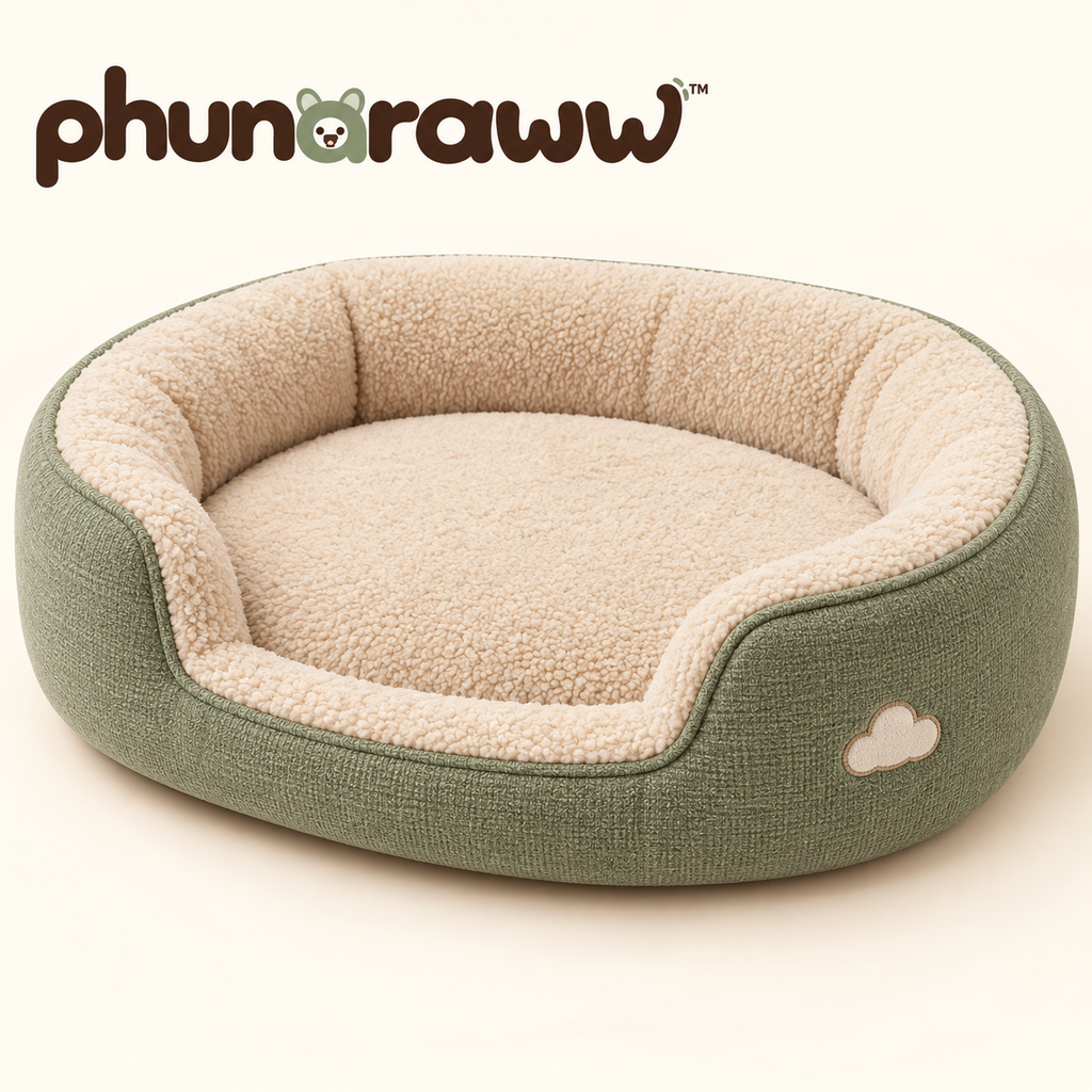 phunaraww™ Cloud Cove Bolster Pet Bed — Washable Removable Cover, Oval Cushion for Cats & Small Dogs, 24 × 20 Inches