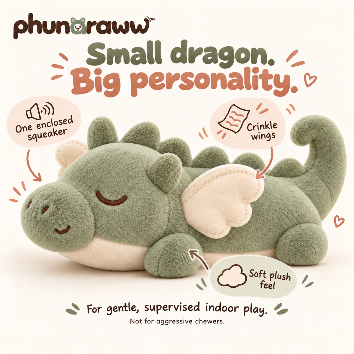 phunaraww™ Cloudlet Dragon Squeaky Plush Dog Toy — Crinkle Wings, Embroidered Face, 10-Inch, Sage & Cream