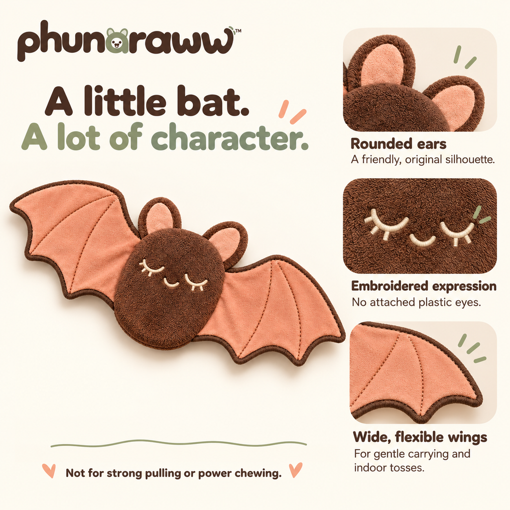 phunaraww™ Peachwing Bat Flat Plush Dog Toy — Stuffing-Free Body, Crinkle Wings, Squeaker-Free, 12-Inch Wingspan