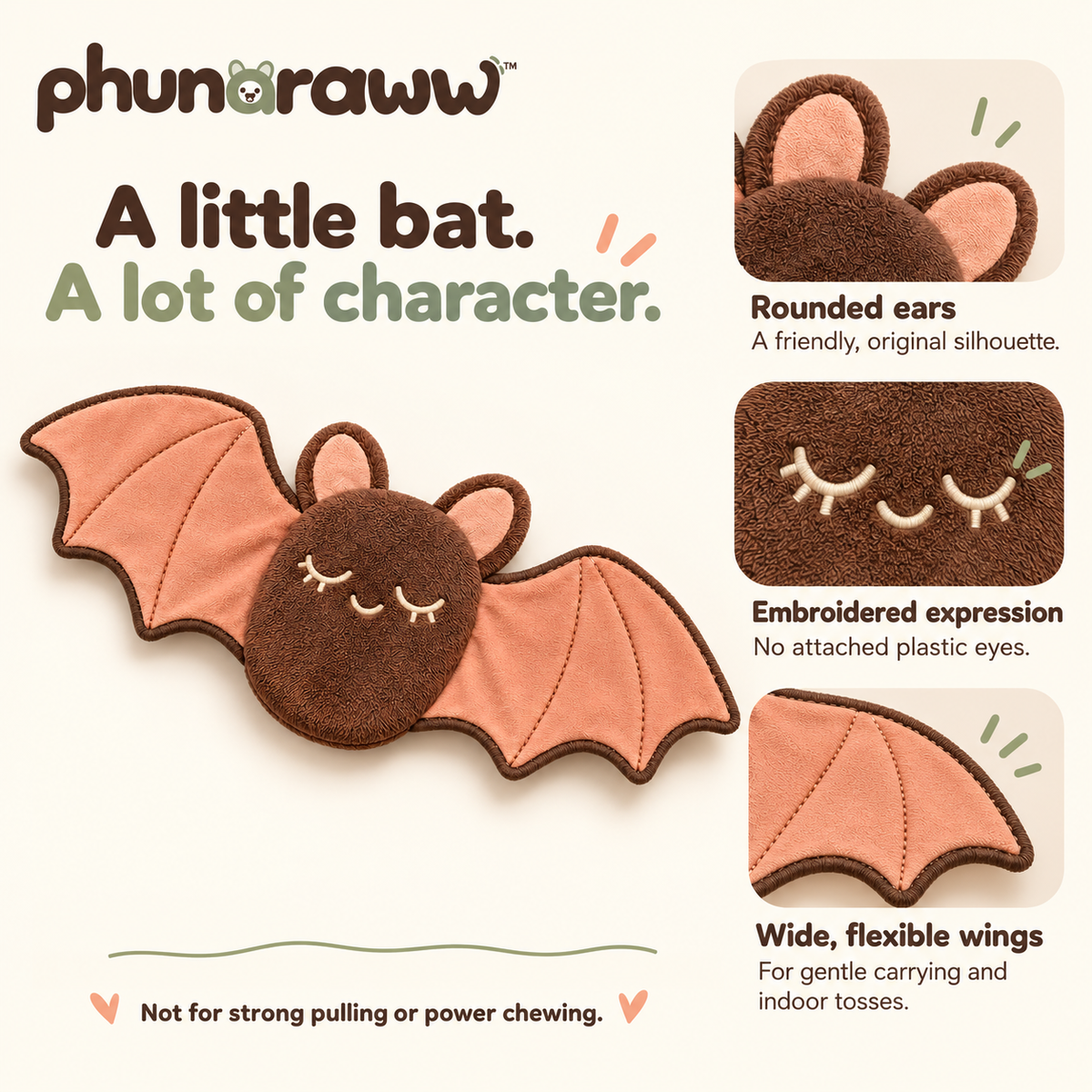 phunaraww™ Peachwing Bat Flat Plush Dog Toy — Stuffing-Free Body, Crinkle Wings, Squeaker-Free, 12-Inch Wingspan