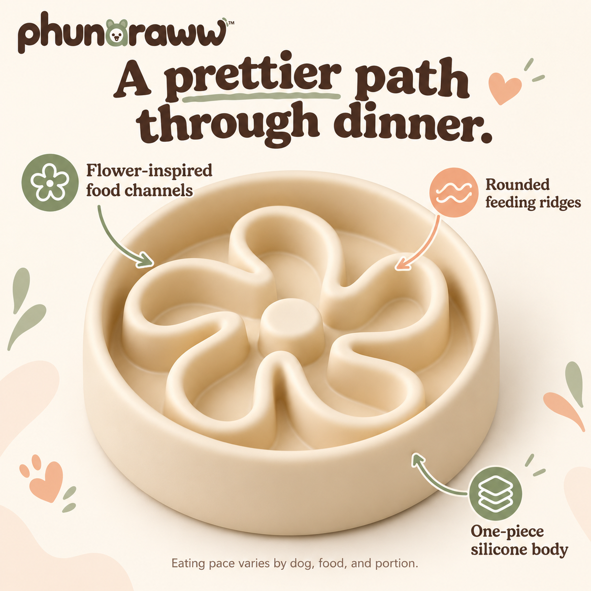 phunaraww™ Petal Path Silicone Slow Feeder Dog Bowl — 2-Cup Capacity, Rounded Maze Ridges, 8.5-Inch, Buttercream