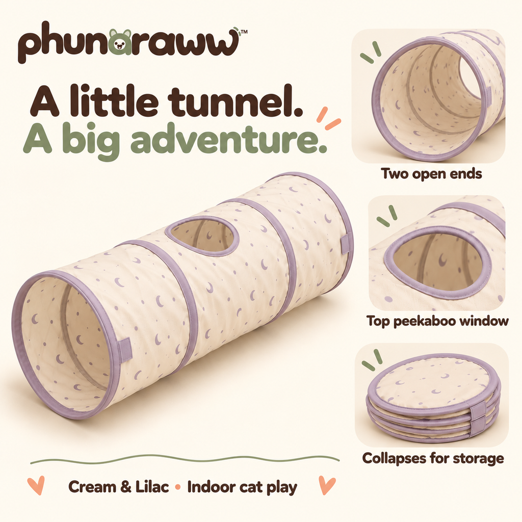 phunaraww™ Moonbeam Collapsible Cat Tunnel — 30-Inch Indoor Play Tube, 11-Inch Openings, Peekaboo Window, Cream & Lilac