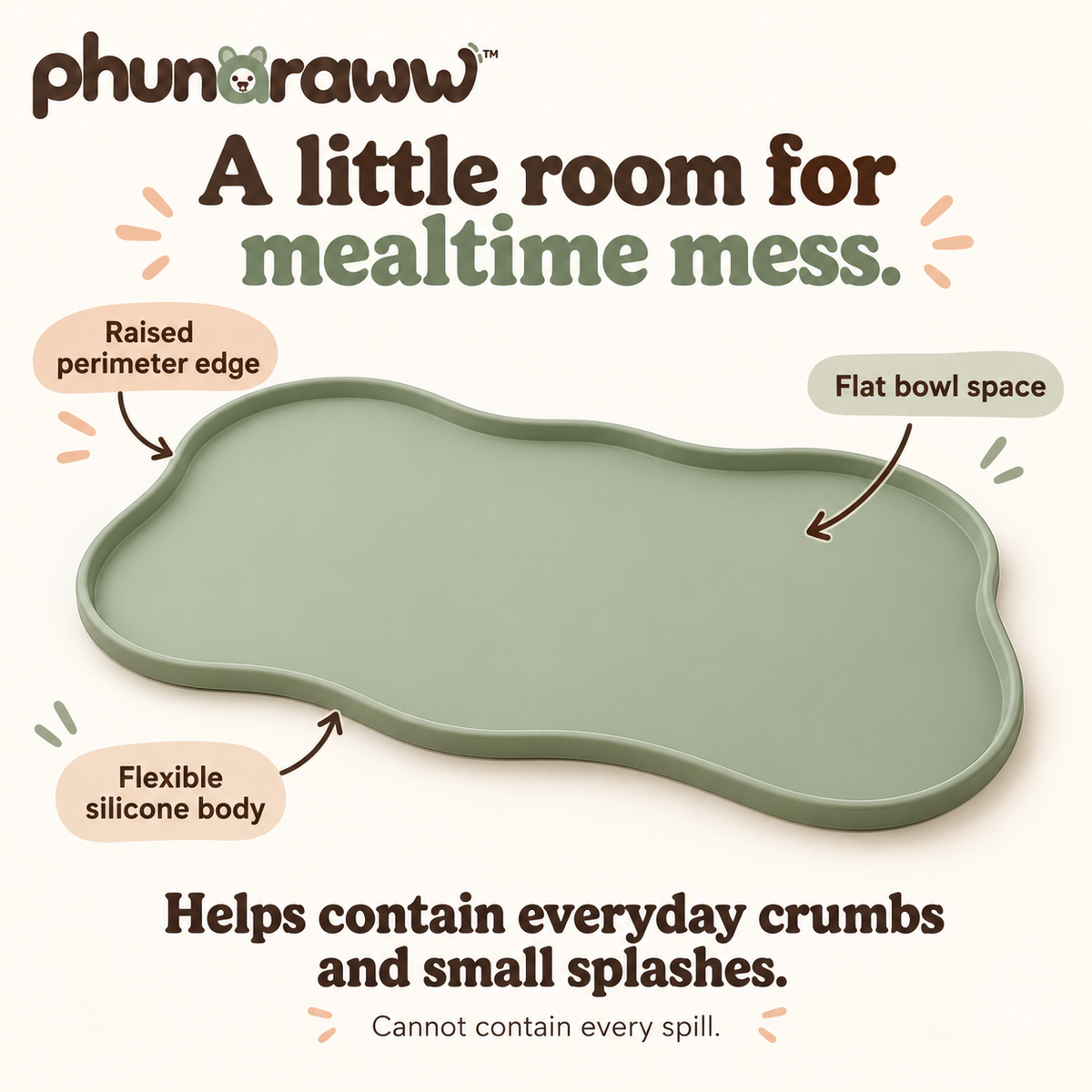 phunaraww™ Puddle Border Silicone Pet Feeding Mat — Raised-Edge Dog & Cat Bowl Placemat, 20 × 12 Inches, Sage