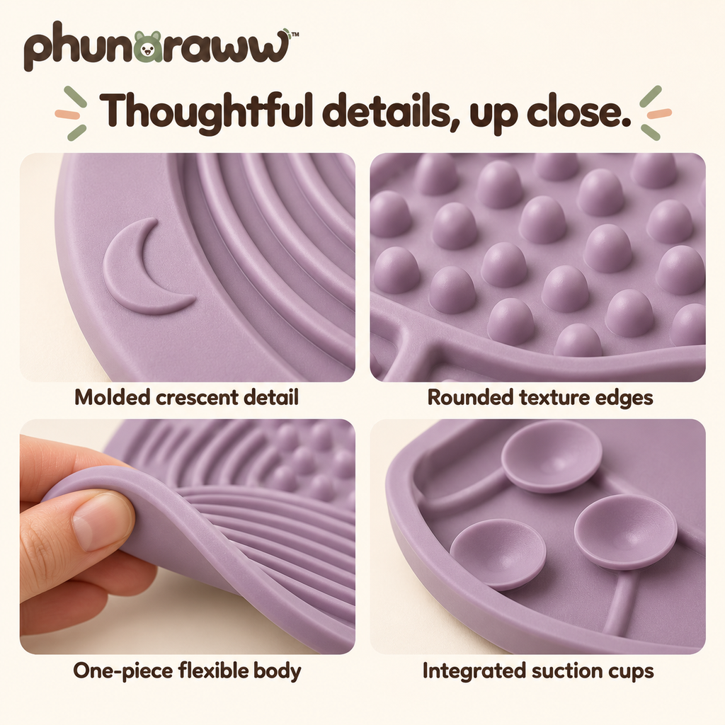 phunaraww™ Moonrise Silicone Lick Mat for Dogs & Cats — Three Textured Zones, Suction Base, 8-Inch Snack Mat