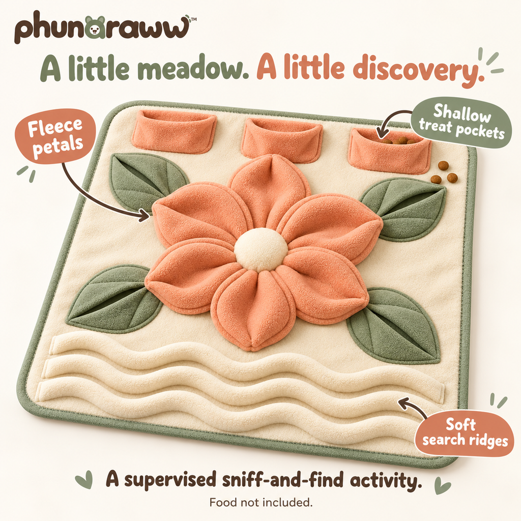 phunaraww™ Meadow Pocket Dog Snuffle Mat — Treat-Hiding Enrichment Activity, Fleece Petals, Washable 20 × 16-Inch Mat