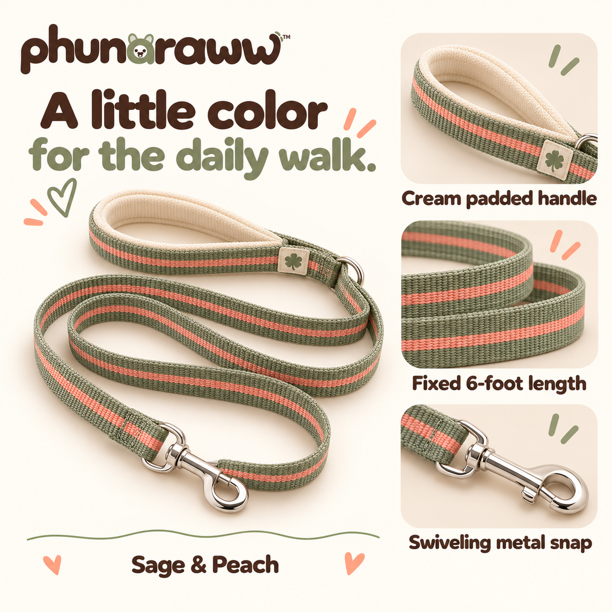 phunaraww™ Ribbon Trail Dog Leash — 6-Foot Woven Lead, Padded Handle, Swivel Clip, 3/4-Inch Wide, Sage & Peach