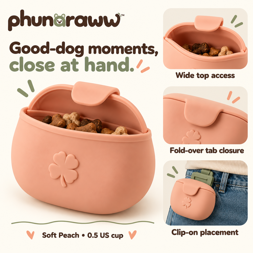 phunaraww™ Little Reward Silicone Dog Treat Pouch — 1/2-Cup Training Snack Bag, Fold-Over Tab Closure, Belt Clip, Peach