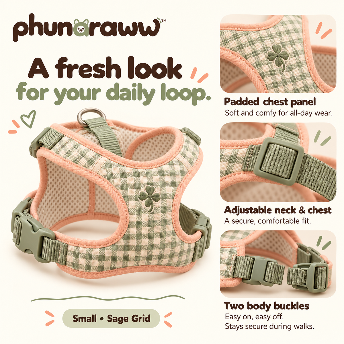 phunaraww™ Clover Loop Adjustable Dog Harness — Padded Y-Front Walking Vest, Back Leash Clip, Sage Grid, Small