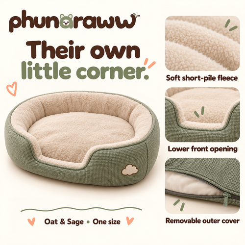 phunaraww™ Cloud Cove Bolster Pet Bed — Washable Removable Cover, Oval Cushion for Cats & Small Dogs, 24 × 20 Inches