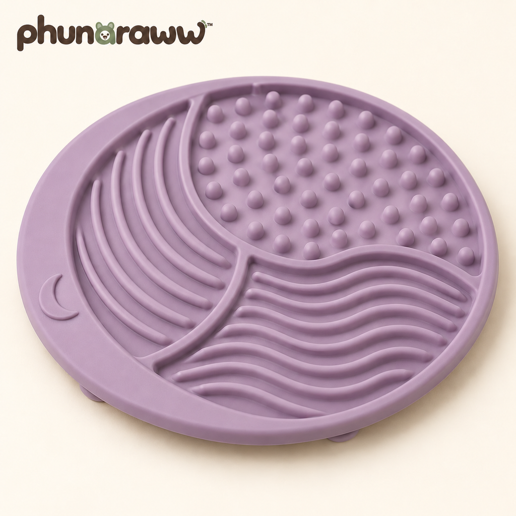 phunaraww™ Moonrise Silicone Lick Mat for Dogs & Cats — Three Textured Zones, Suction Base, 8-Inch Snack Mat