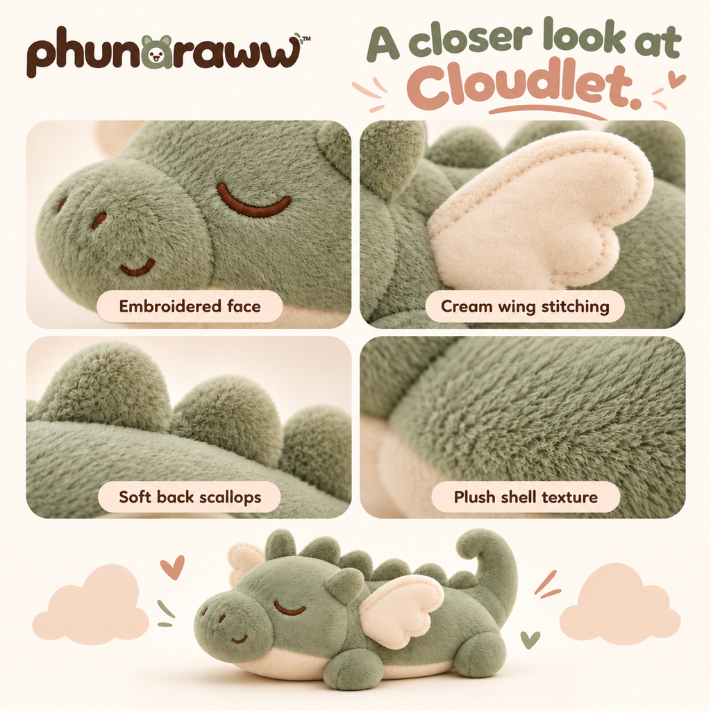phunaraww™ Cloudlet Dragon Squeaky Plush Dog Toy — Crinkle Wings, Embroidered Face, 10-Inch, Sage & Cream