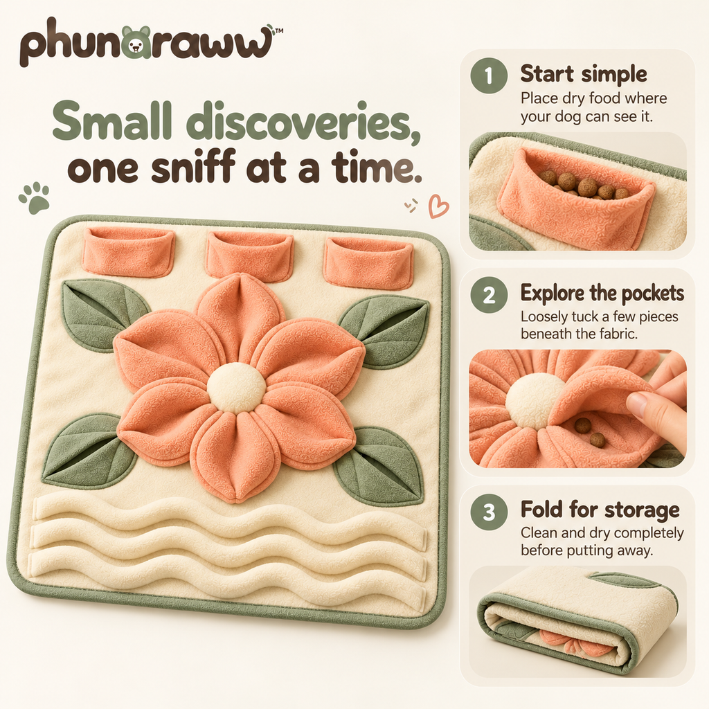 phunaraww™ Meadow Pocket Dog Snuffle Mat — Treat-Hiding Enrichment Activity, Fleece Petals, Washable 20 × 16-Inch Mat