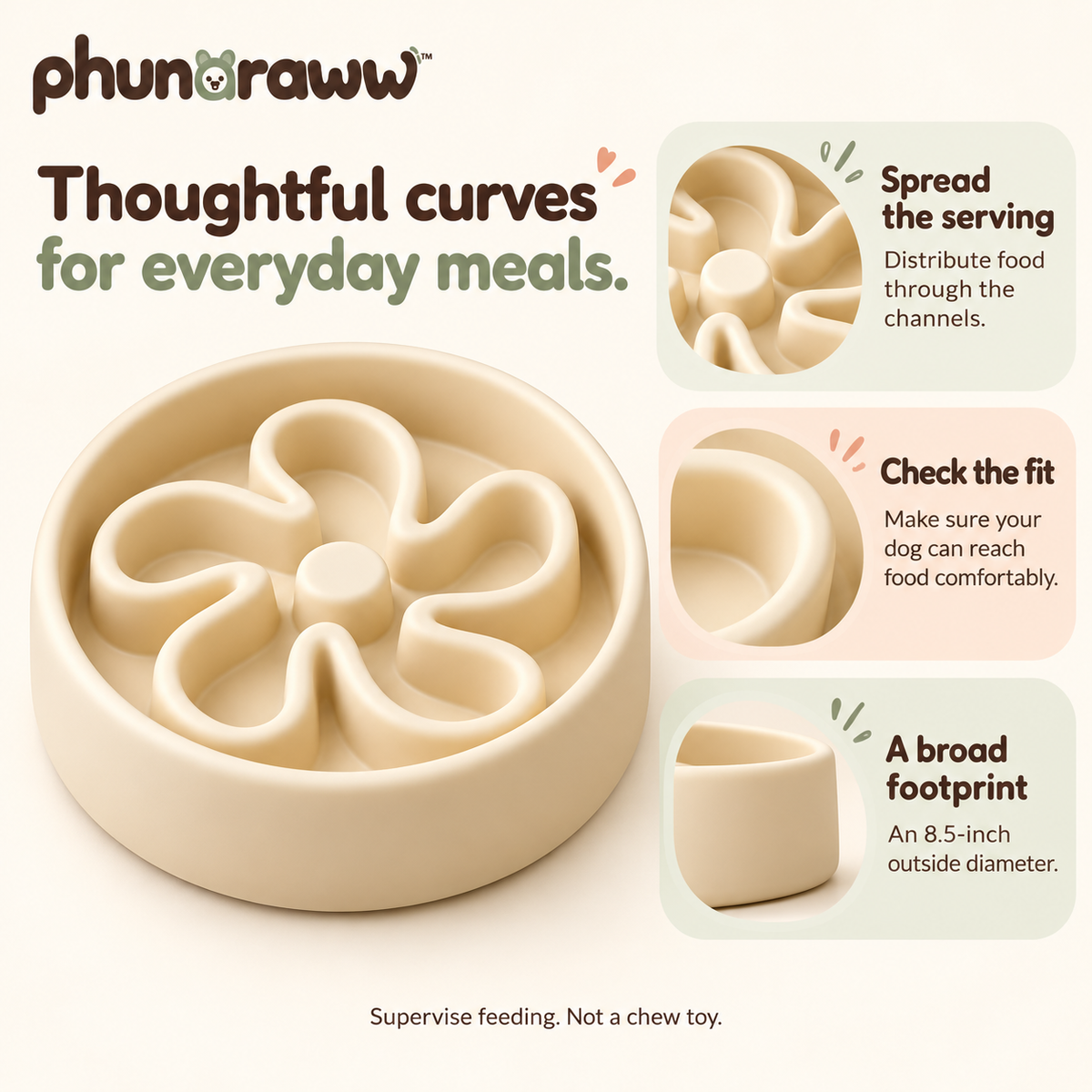 phunaraww™ Petal Path Silicone Slow Feeder Dog Bowl — 2-Cup Capacity, Rounded Maze Ridges, 8.5-Inch, Buttercream