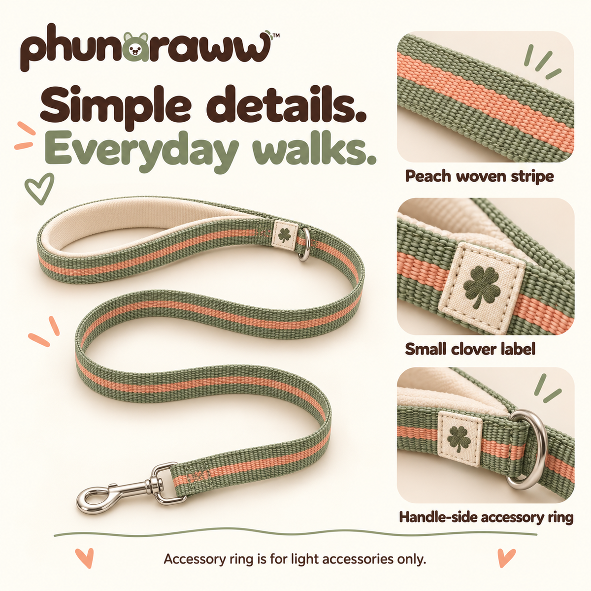 phunaraww™ Ribbon Trail Dog Leash — 6-Foot Woven Lead, Padded Handle, Swivel Clip, 3/4-Inch Wide, Sage & Peach