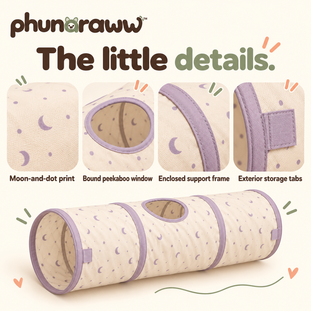 phunaraww™ Moonbeam Collapsible Cat Tunnel — 30-Inch Indoor Play Tube, 11-Inch Openings, Peekaboo Window, Cream & Lilac