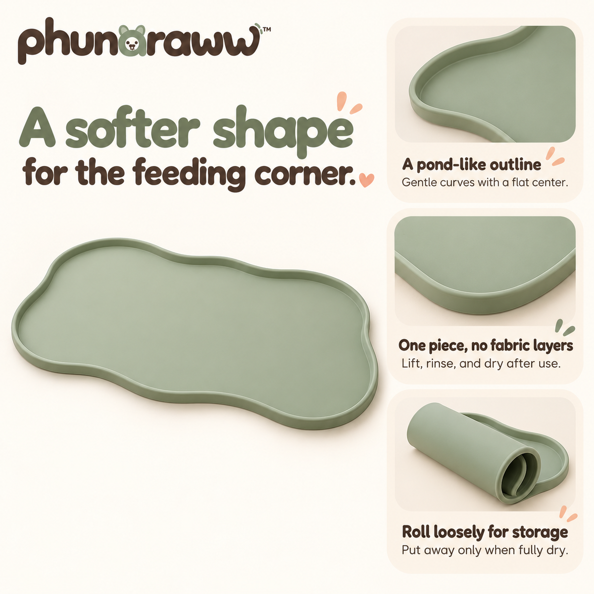 phunaraww™ Puddle Border Silicone Pet Feeding Mat — Raised-Edge Dog & Cat Bowl Placemat, 20 × 12 Inches, Sage