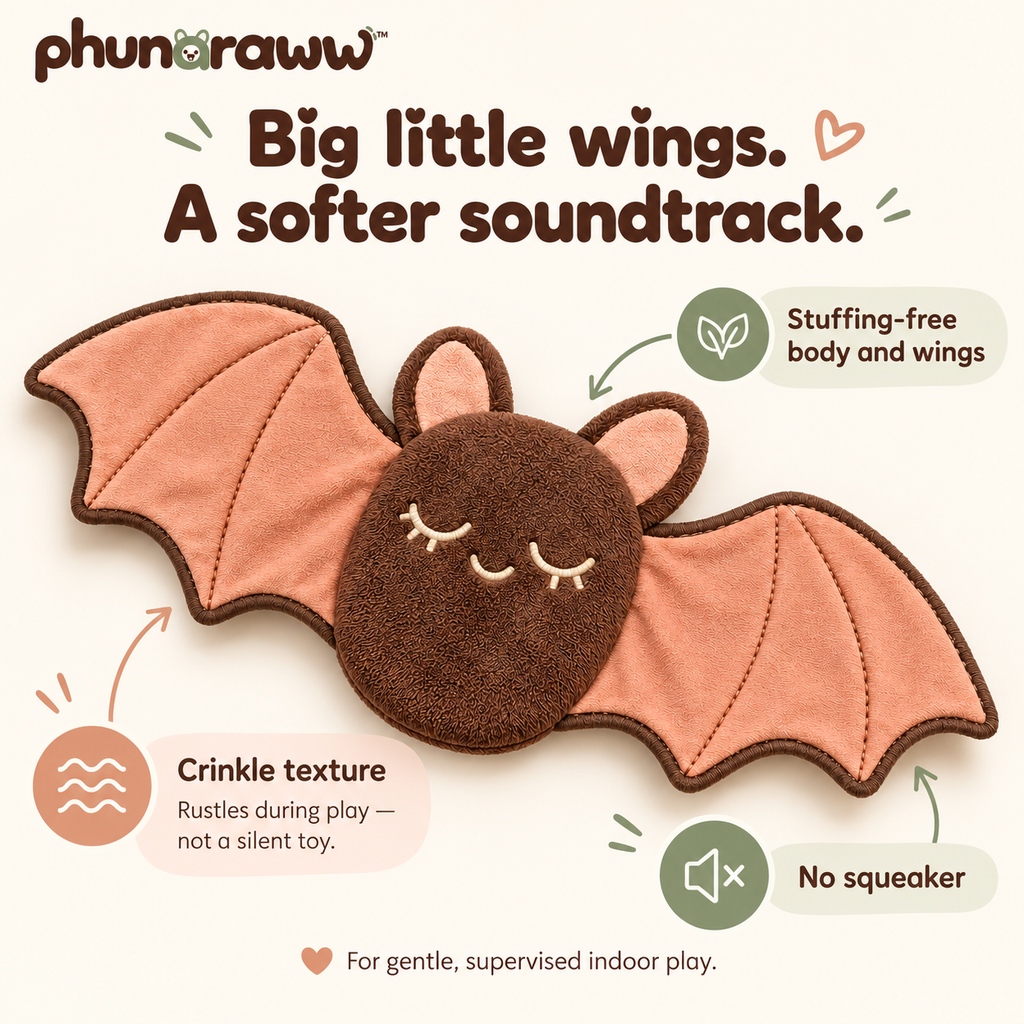 phunaraww™ Peachwing Bat Flat Plush Dog Toy — Stuffing-Free Body, Crinkle Wings, Squeaker-Free, 12-Inch Wingspan