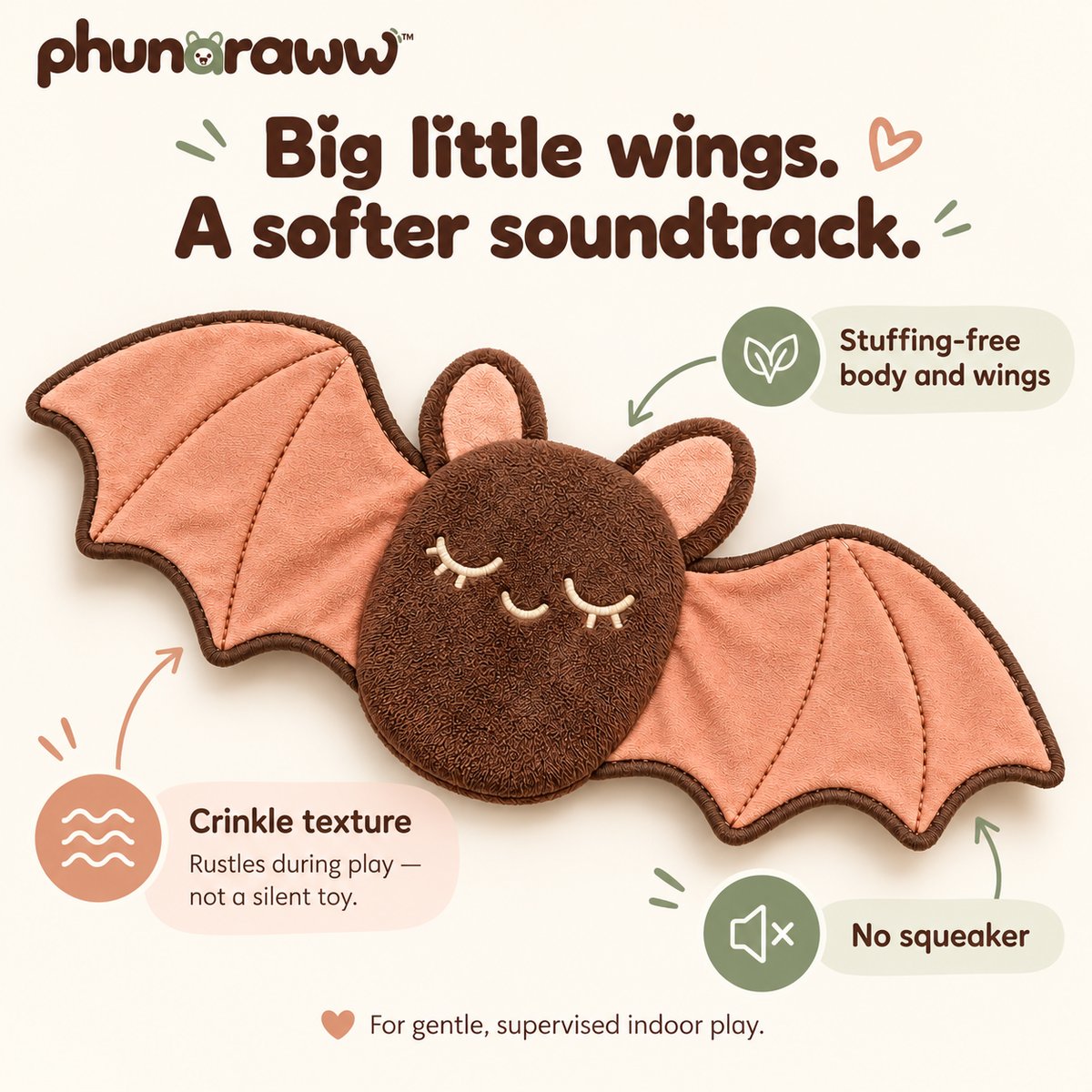 phunaraww™ Peachwing Bat Flat Plush Dog Toy — Stuffing-Free Body, Crinkle Wings, Squeaker-Free, 12-Inch Wingspan