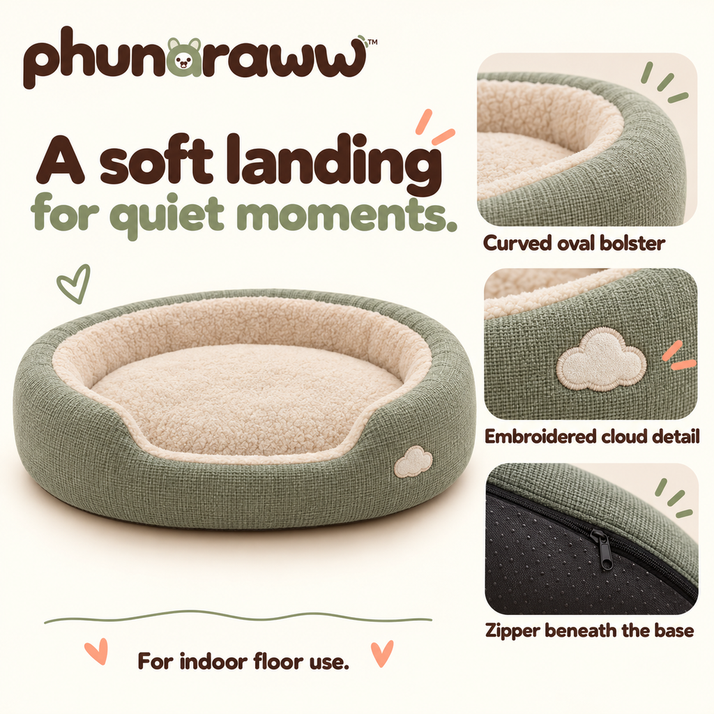 phunaraww™ Cloud Cove Bolster Pet Bed — Washable Removable Cover, Oval Cushion for Cats & Small Dogs, 24 × 20 Inches