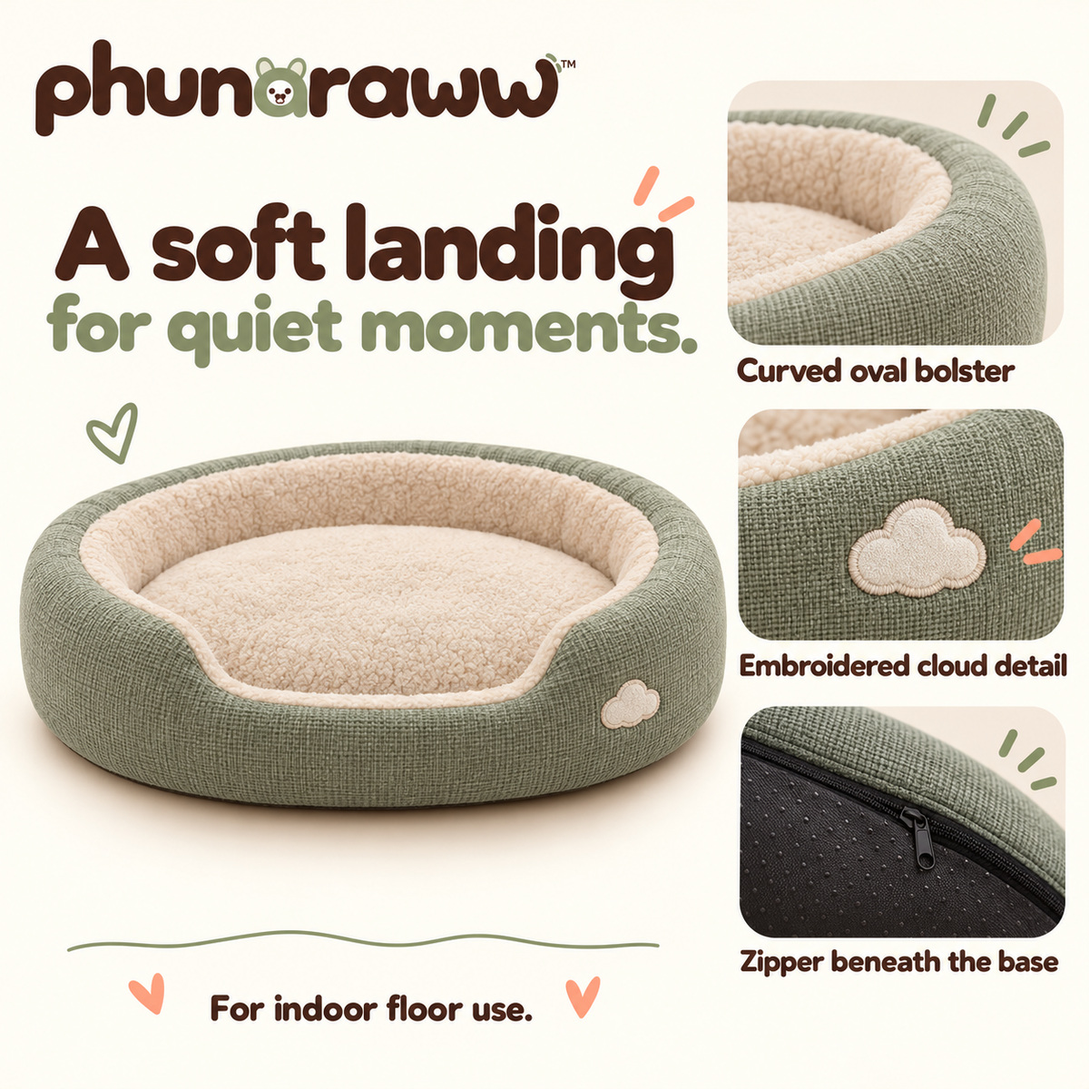 phunaraww™ Cloud Cove Bolster Pet Bed — Washable Removable Cover, Oval Cushion for Cats & Small Dogs, 24 × 20 Inches
