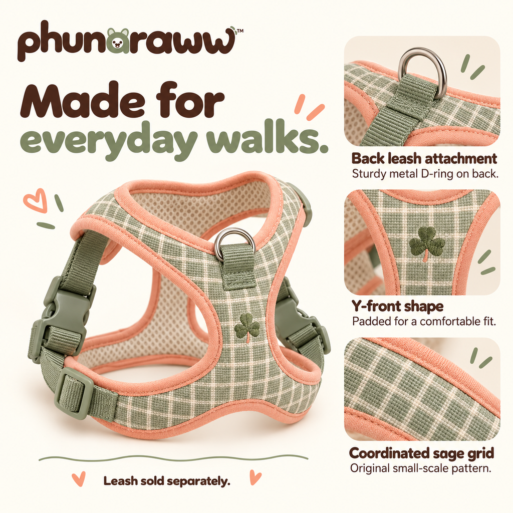 phunaraww™ Clover Loop Adjustable Dog Harness — Padded Y-Front Walking Vest, Back Leash Clip, Sage Grid, Small