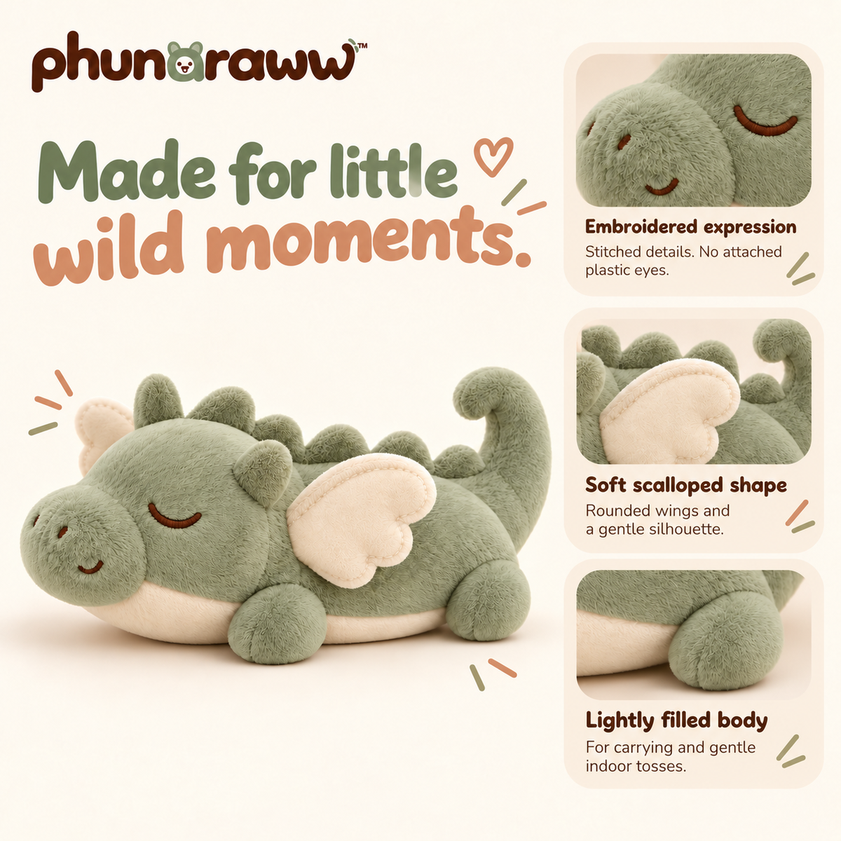 phunaraww™ Cloudlet Dragon Squeaky Plush Dog Toy — Crinkle Wings, Embroidered Face, 10-Inch, Sage & Cream