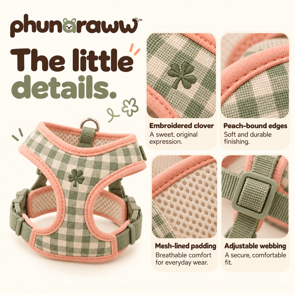 phunaraww™ Clover Loop Adjustable Dog Harness — Padded Y-Front Walking Vest, Back Leash Clip, Sage Grid, Small