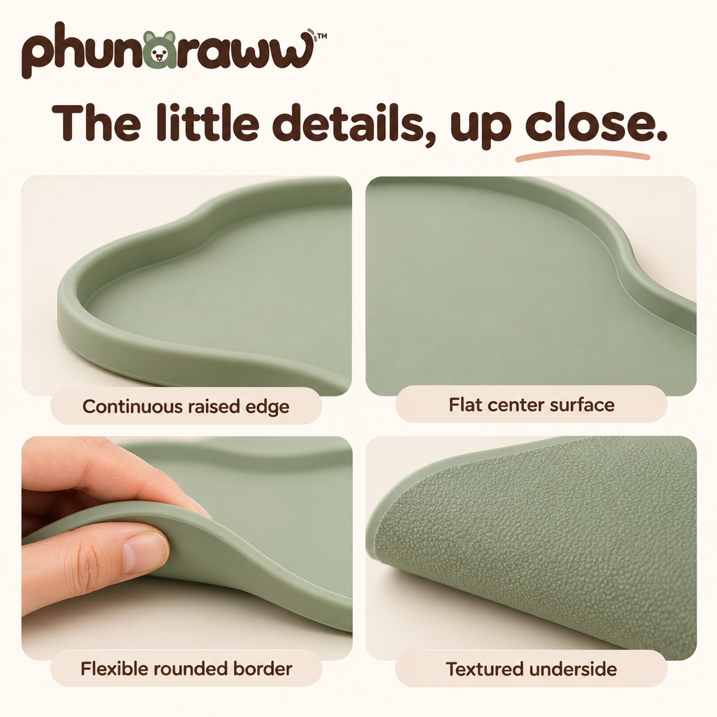 phunaraww™ Puddle Border Silicone Pet Feeding Mat — Raised-Edge Dog & Cat Bowl Placemat, 20 × 12 Inches, Sage