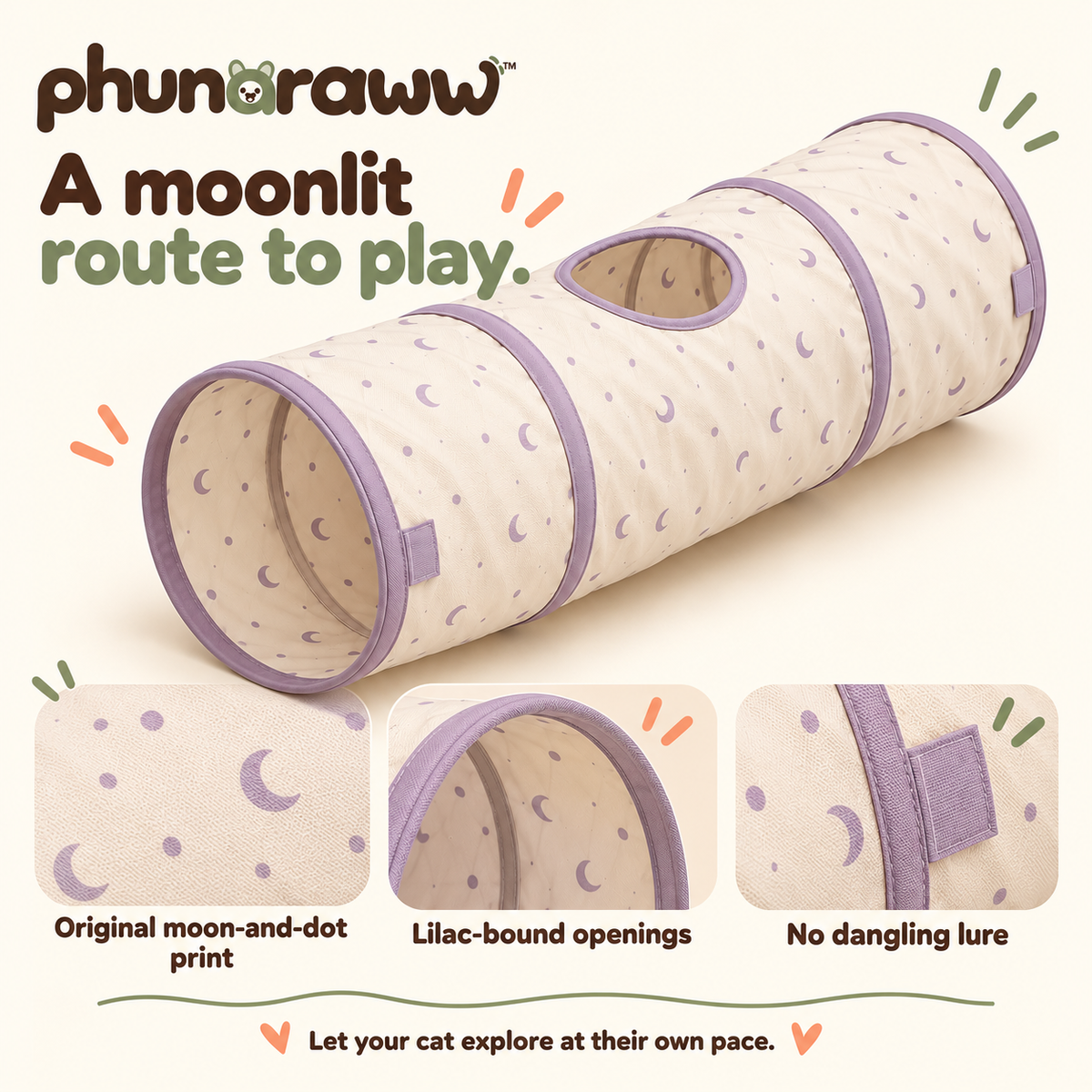 phunaraww™ Moonbeam Collapsible Cat Tunnel — 30-Inch Indoor Play Tube, 11-Inch Openings, Peekaboo Window, Cream & Lilac