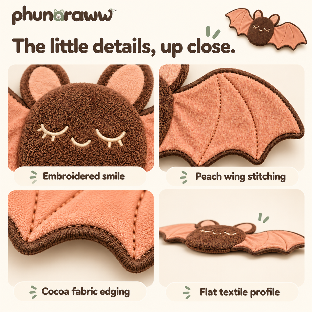 phunaraww™ Peachwing Bat Flat Plush Dog Toy — Stuffing-Free Body, Crinkle Wings, Squeaker-Free, 12-Inch Wingspan