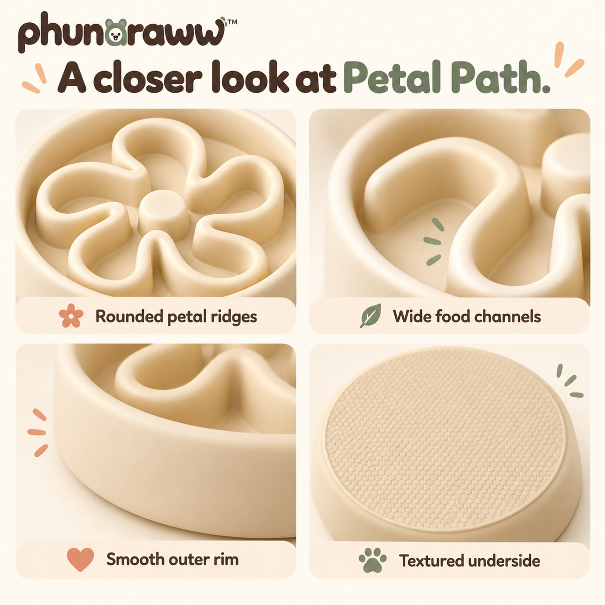 phunaraww™ Petal Path Silicone Slow Feeder Dog Bowl — 2-Cup Capacity, Rounded Maze Ridges, 8.5-Inch, Buttercream