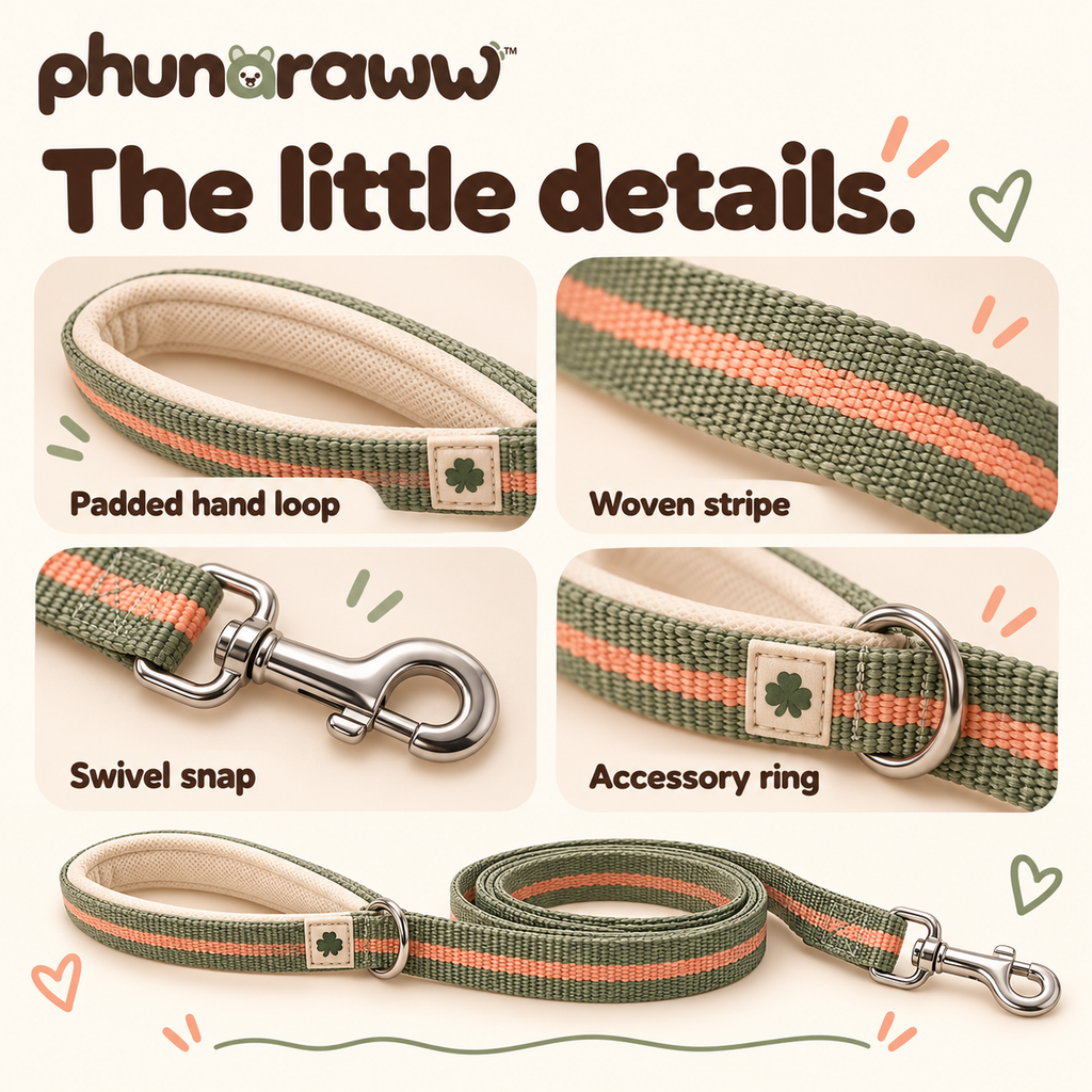 phunaraww™ Ribbon Trail Dog Leash — 6-Foot Woven Lead, Padded Handle, Swivel Clip, 3/4-Inch Wide, Sage & Peach