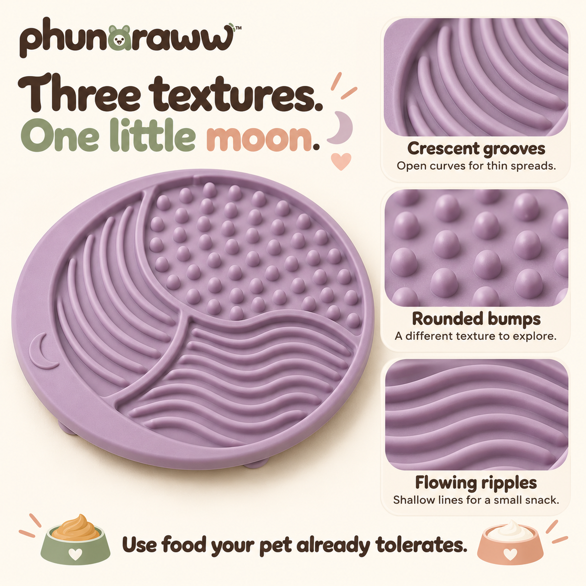 phunaraww™ Moonrise Silicone Lick Mat for Dogs & Cats — Three Textured Zones, Suction Base, 8-Inch Snack Mat