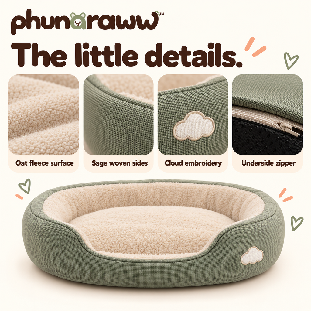 phunaraww™ Cloud Cove Bolster Pet Bed — Washable Removable Cover, Oval Cushion for Cats & Small Dogs, 24 × 20 Inches