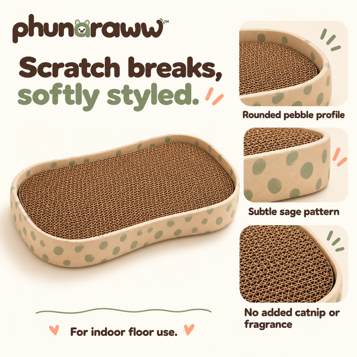 phunaraww™ Pebble Porch Cat Scratcher — Reversible Corrugated Cardboard Pad, Low-Edge Lounge Tray, 20 × 12 Inches