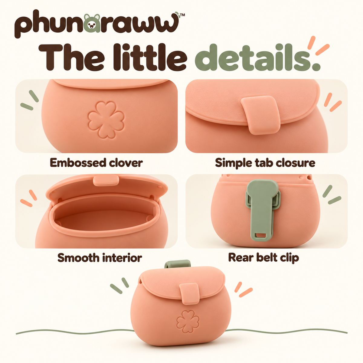 phunaraww™ Little Reward Silicone Dog Treat Pouch — 1/2-Cup Training Snack Bag, Fold-Over Tab Closure, Belt Clip, Peach