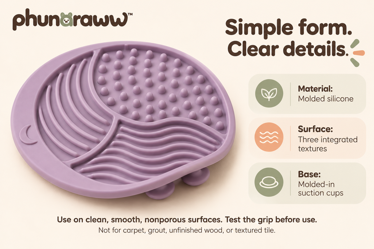 phunaraww™ Moonrise Silicone Lick Mat for Dogs & Cats — Three Textured Zones, Suction Base, 8-Inch Snack Mat