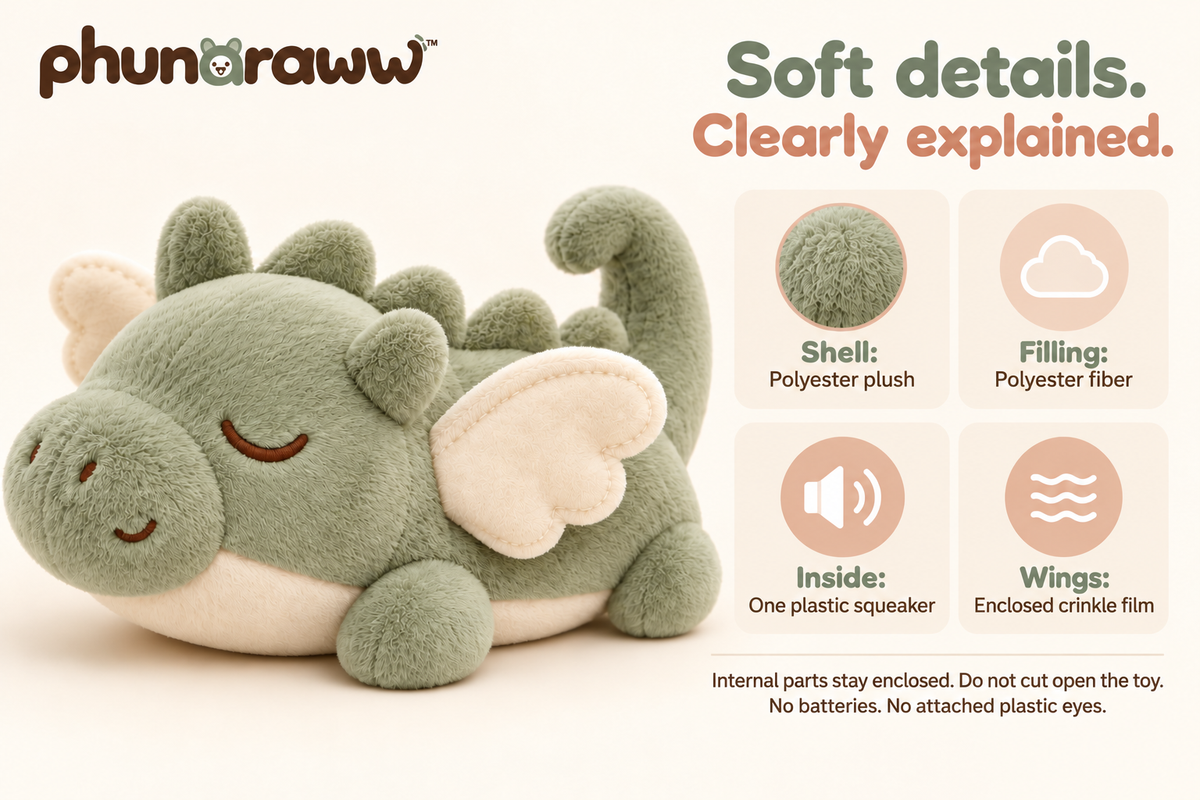 phunaraww™ Cloudlet Dragon Squeaky Plush Dog Toy — Crinkle Wings, Embroidered Face, 10-Inch, Sage & Cream
