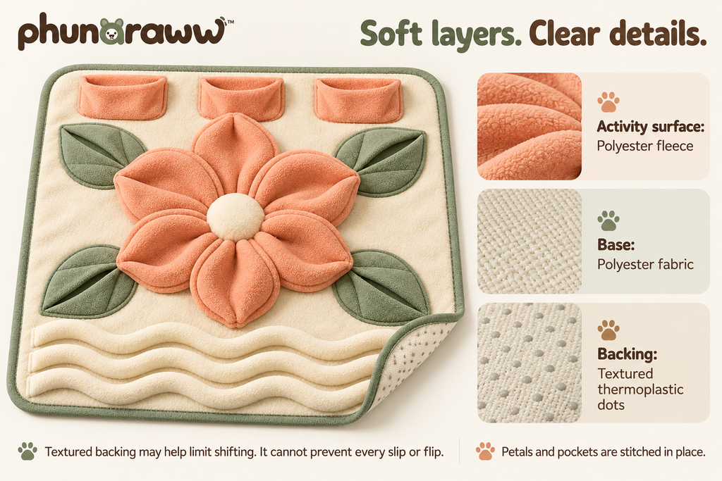 phunaraww™ Meadow Pocket Dog Snuffle Mat — Treat-Hiding Enrichment Activity, Fleece Petals, Washable 20 × 16-Inch Mat