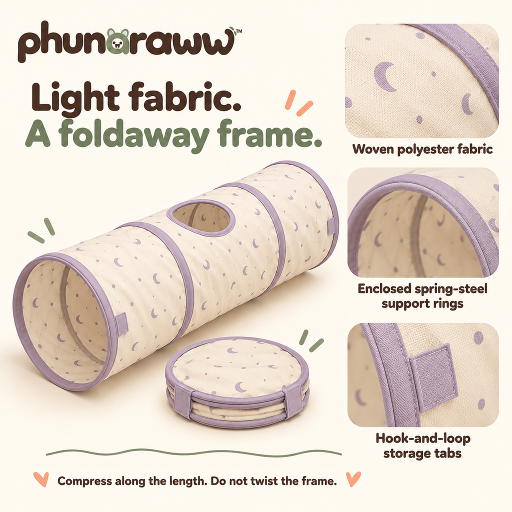 phunaraww™ Moonbeam Collapsible Cat Tunnel — 30-Inch Indoor Play Tube, 11-Inch Openings, Peekaboo Window, Cream & Lilac
