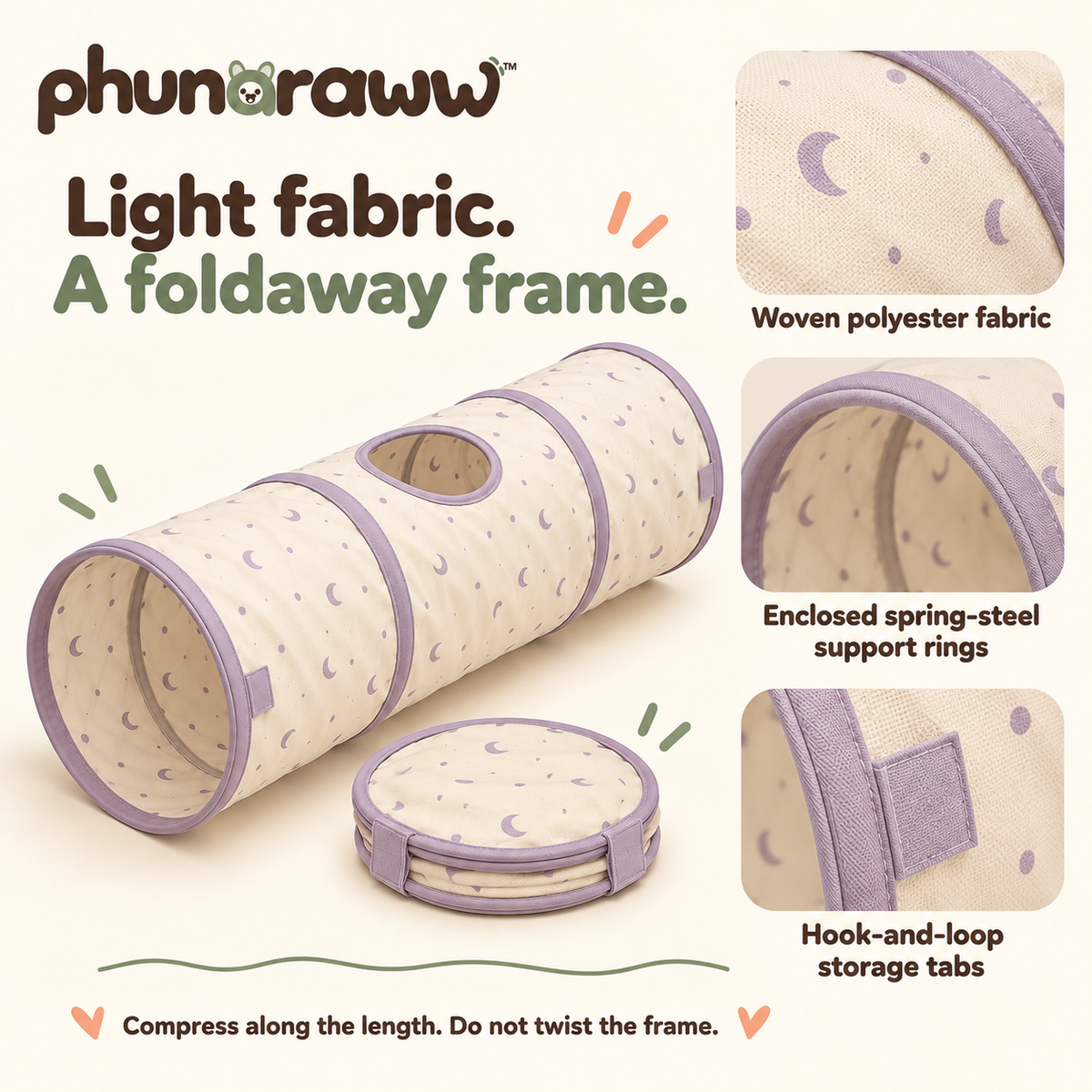 phunaraww™ Moonbeam Collapsible Cat Tunnel — 30-Inch Indoor Play Tube, 11-Inch Openings, Peekaboo Window, Cream & Lilac