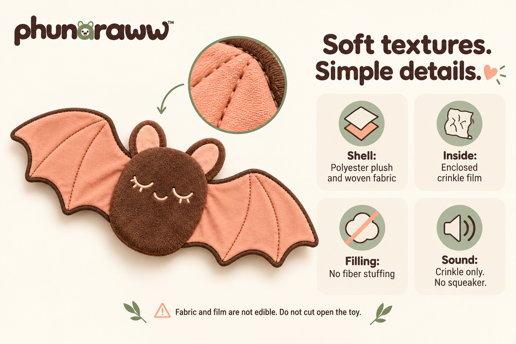 phunaraww™ Peachwing Bat Flat Plush Dog Toy — Stuffing-Free Body, Crinkle Wings, Squeaker-Free, 12-Inch Wingspan