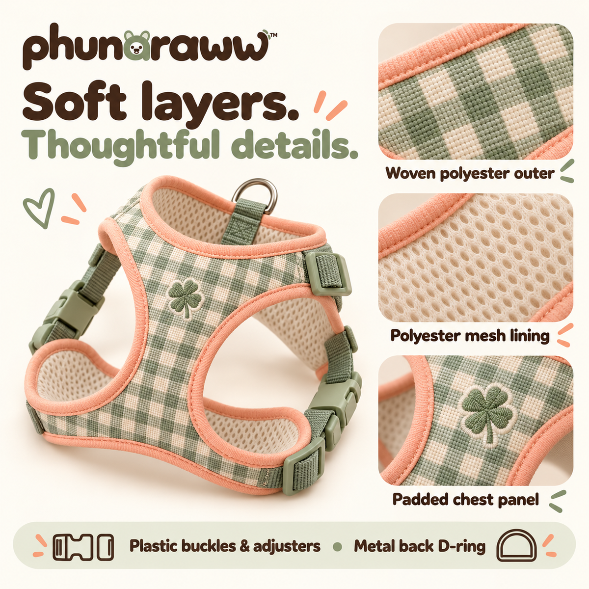 phunaraww™ Clover Loop Adjustable Dog Harness — Padded Y-Front Walking Vest, Back Leash Clip, Sage Grid, Small