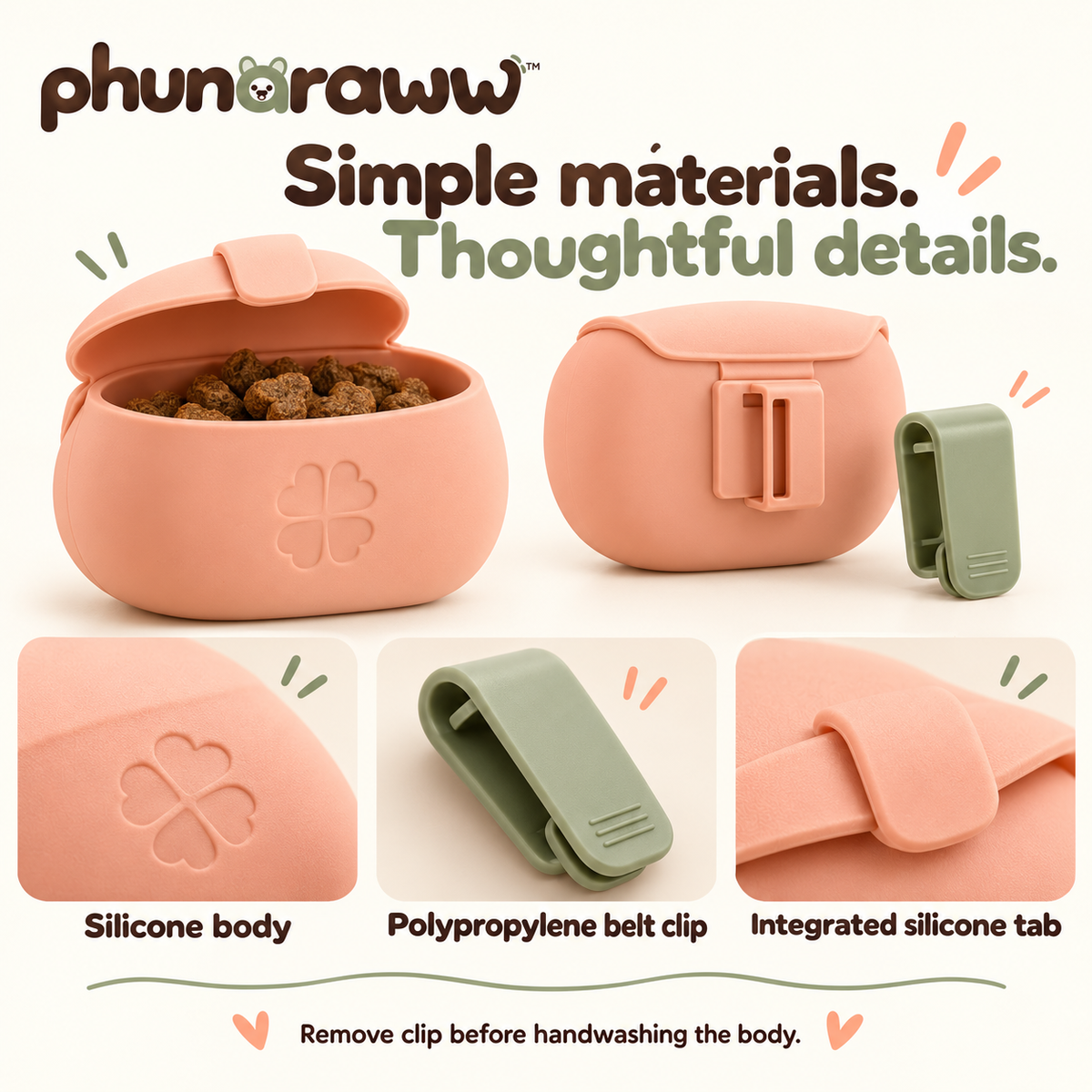 phunaraww™ Little Reward Silicone Dog Treat Pouch — 1/2-Cup Training Snack Bag, Fold-Over Tab Closure, Belt Clip, Peach