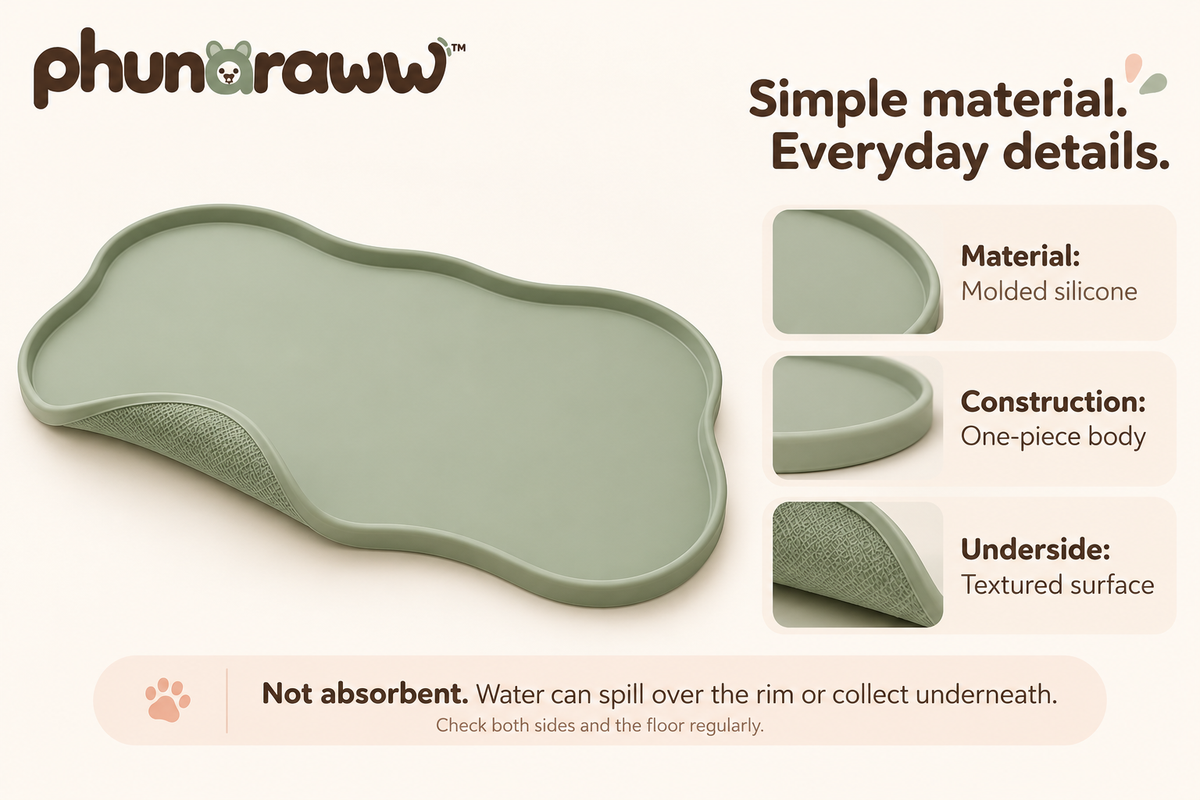 phunaraww™ Puddle Border Silicone Pet Feeding Mat — Raised-Edge Dog & Cat Bowl Placemat, 20 × 12 Inches, Sage