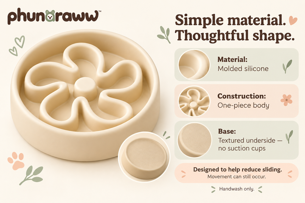 phunaraww™ Petal Path Silicone Slow Feeder Dog Bowl — 2-Cup Capacity, Rounded Maze Ridges, 8.5-Inch, Buttercream